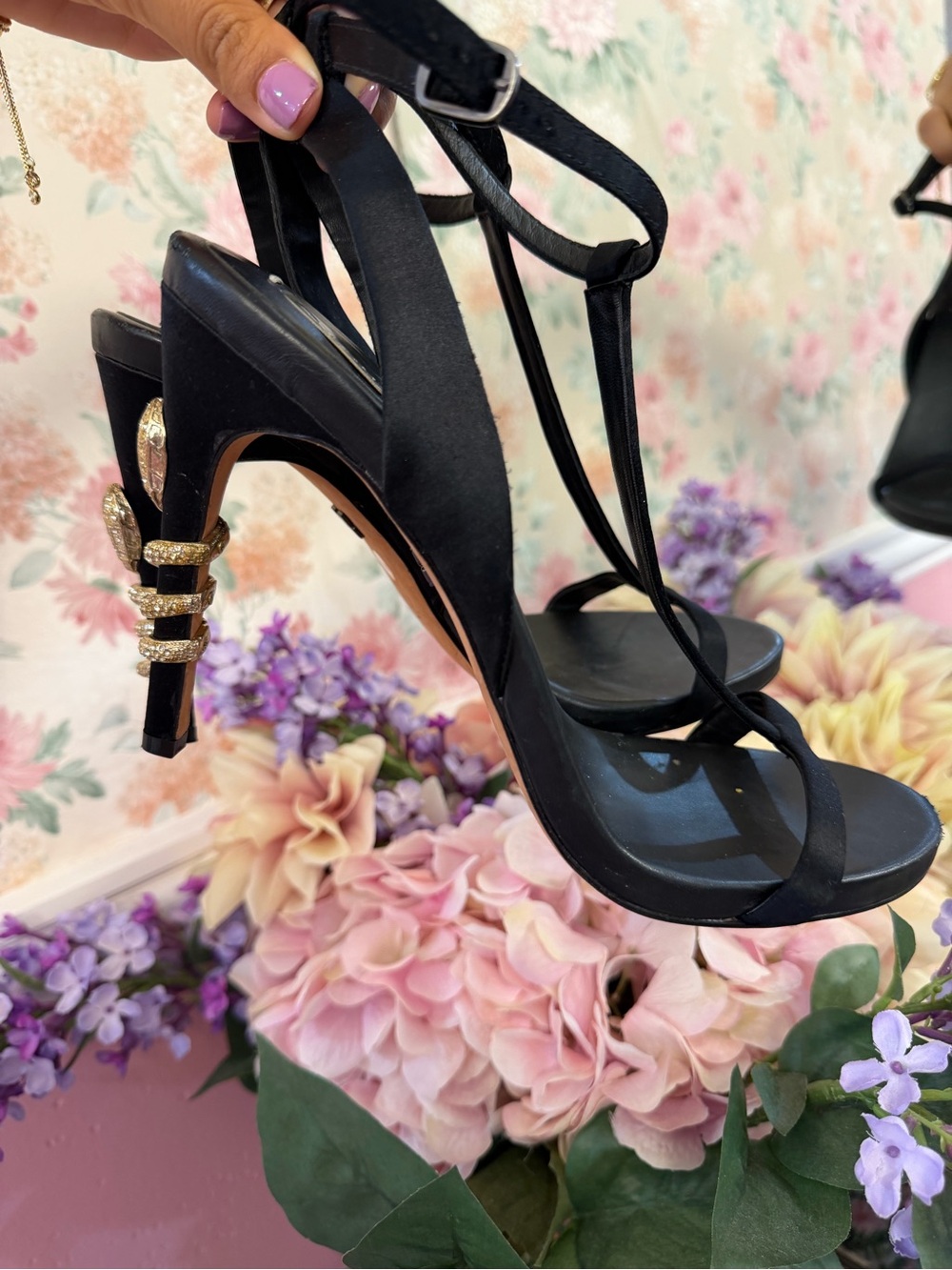 BCBGMaxAzria Black Strappy High Heels with Gold Embellished Heel